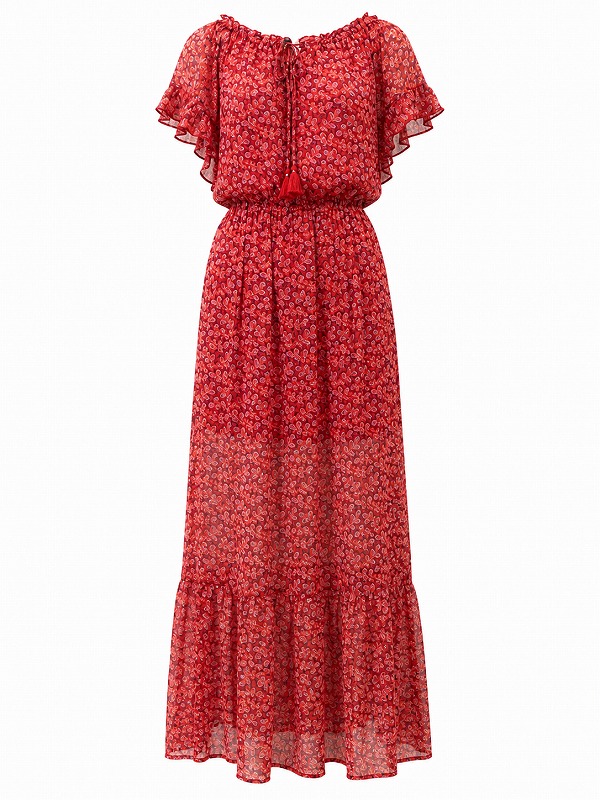 【新品DRESS 190】小花柄フリンジチャームミモレ丈フレアロングドレス レッド【TANTRA】